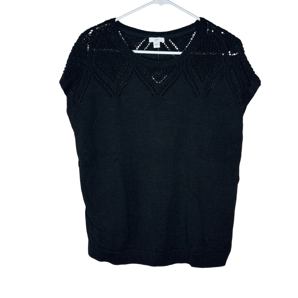 NEW J. Jill Knit Top Small Black Pointelle Chevron Short Sleeve Cotton Open Knit